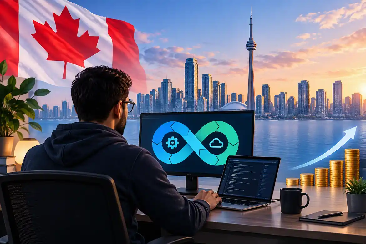 DevOps engineer workspace with Canada skyline and career growth symbolism