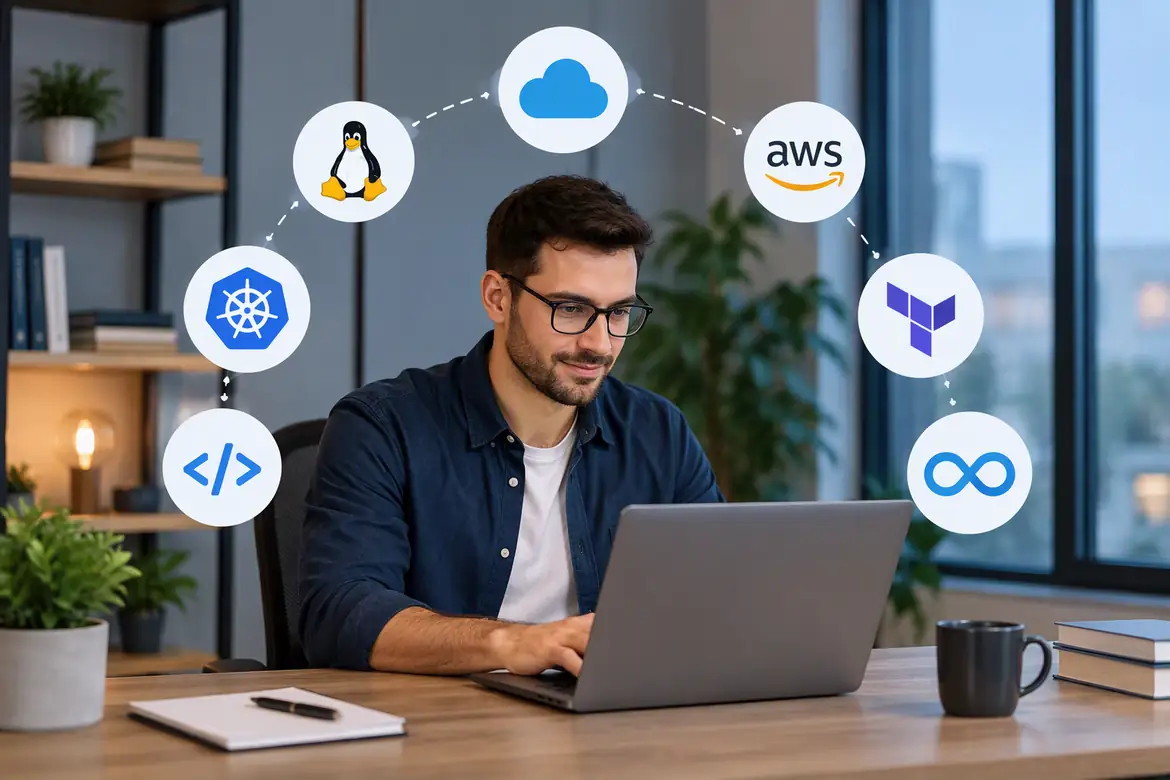 DevOps engineer working on cloud infrastructure and automation tools in a modern office.