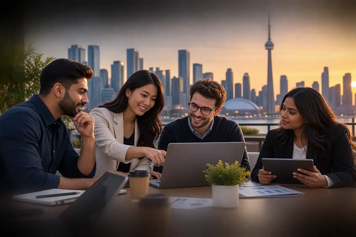 Highest paying IT jobs in Canada team discussing technology careers and digital projects in a modern city setting.