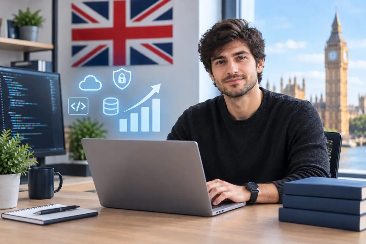 IT professional working on a computer in a modern UK technology office.