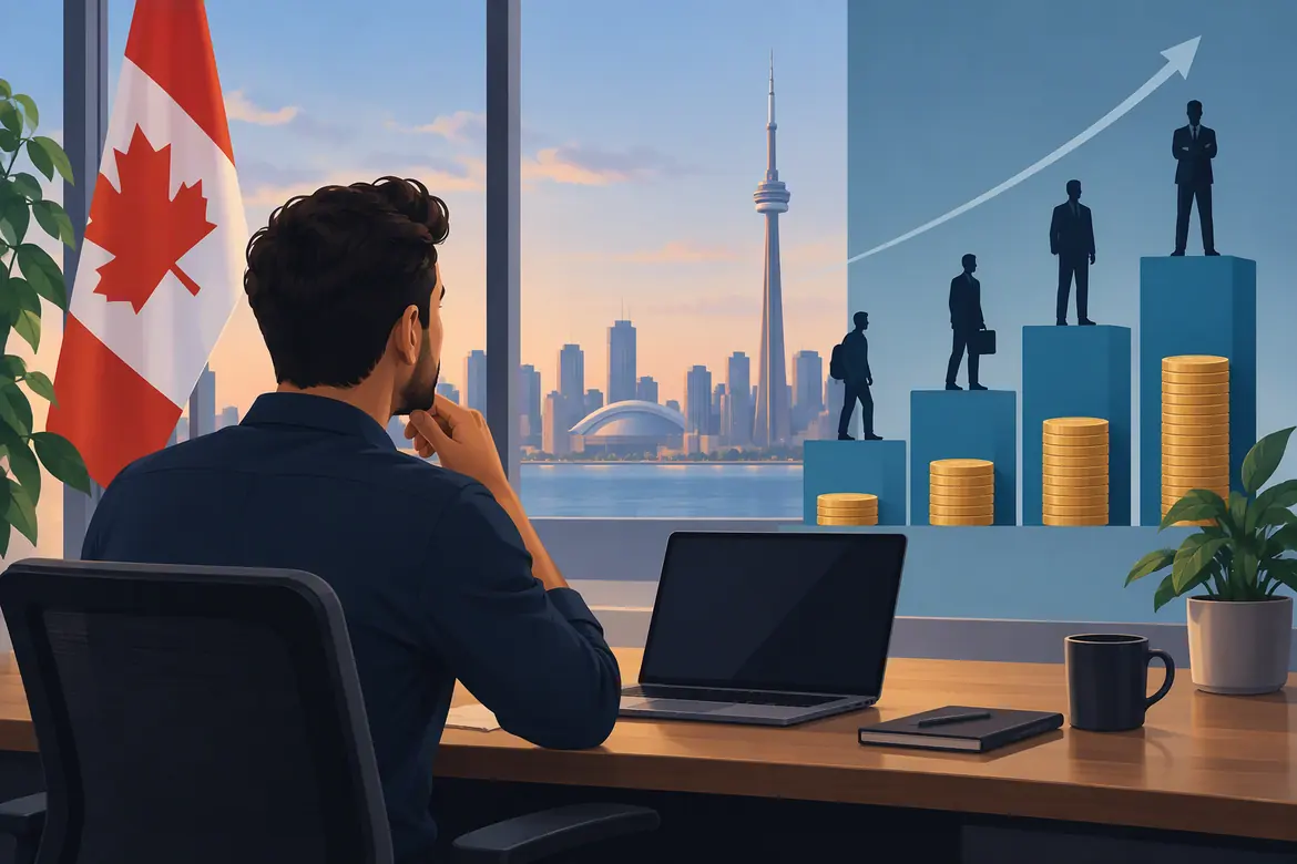 IT Project Manager Salary in Canada illustrated with career growth stages and increasing earnings.