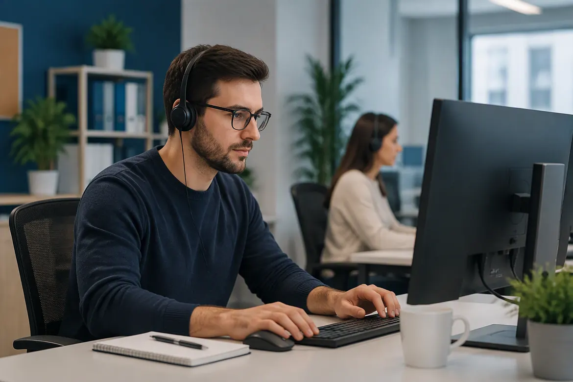 IT support engineer working at a computer in a modern UK office.