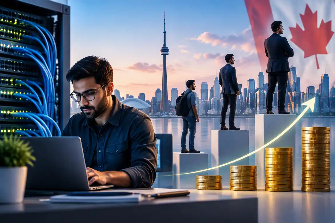 Network engineer working beside servers with Canada skyline and salary growth
