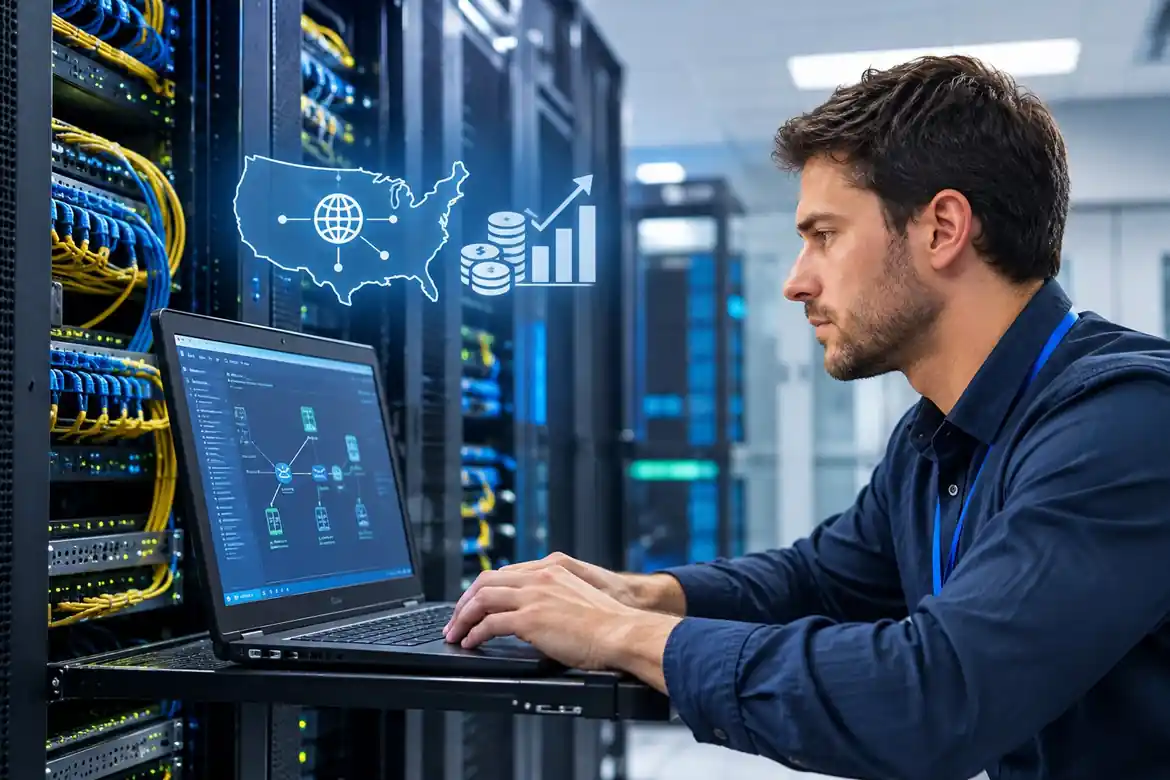 Network engineer configuring routers and monitoring network performance
