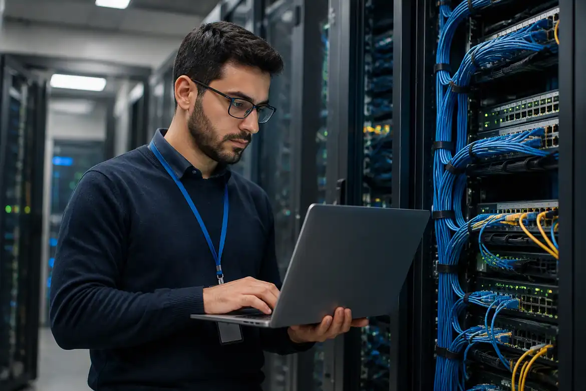 Network engineer working in a modern UK data centre with server and network equipment.