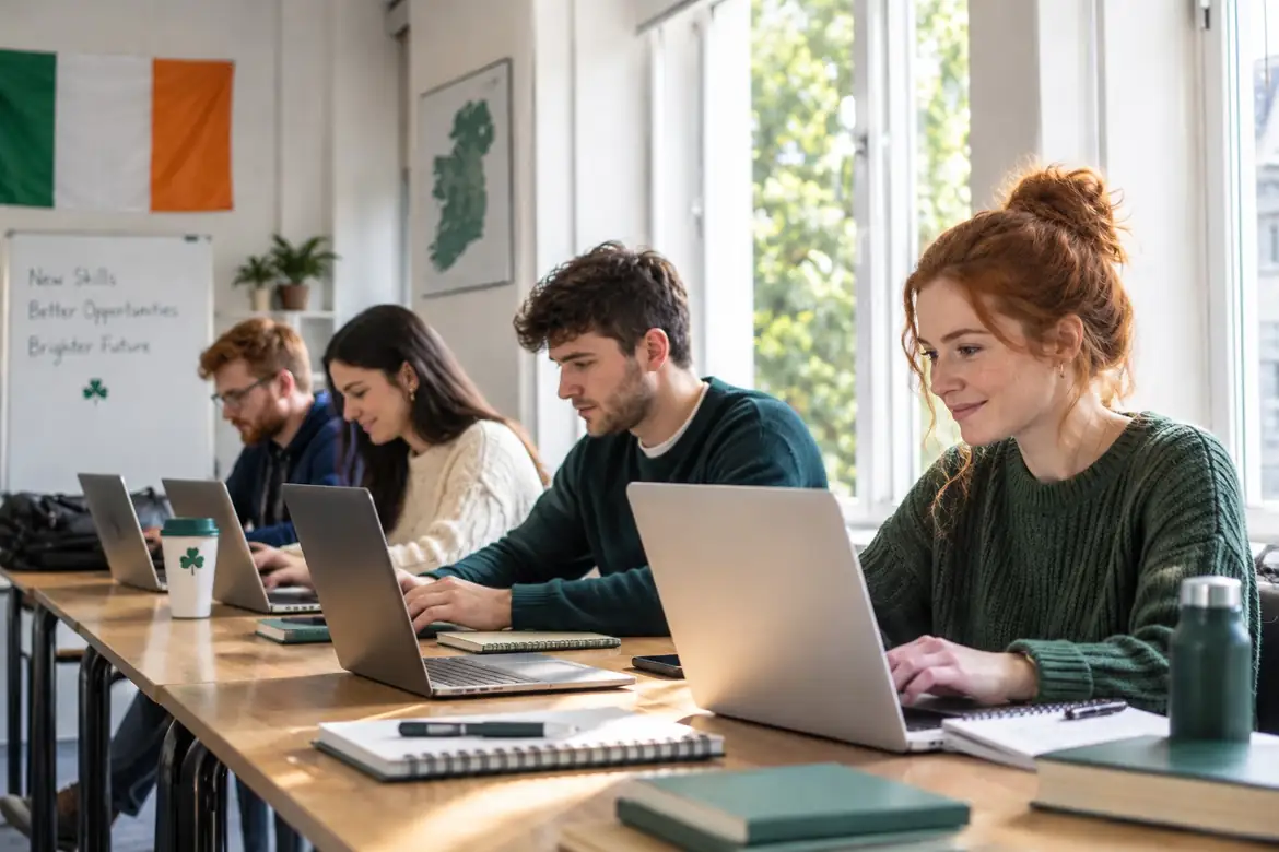Adults exploring new career opportunities on a laptop in Ireland