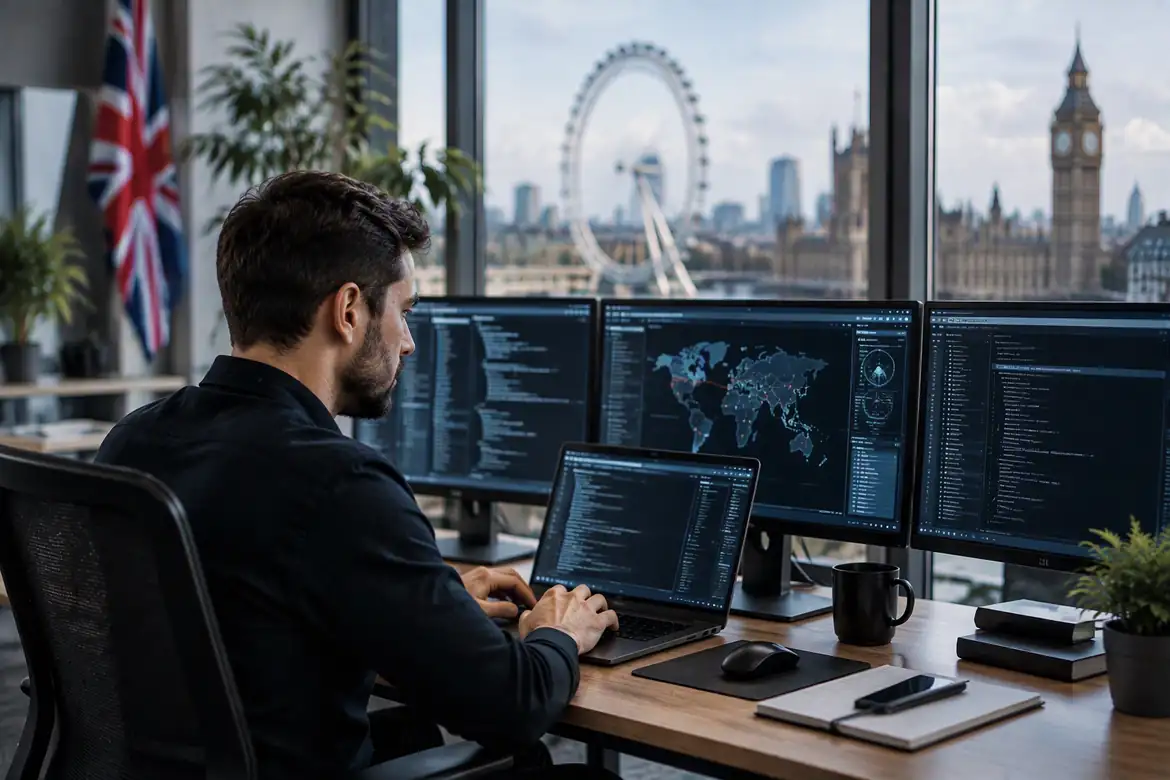 Person working at multiple monitors in London office with coding screens