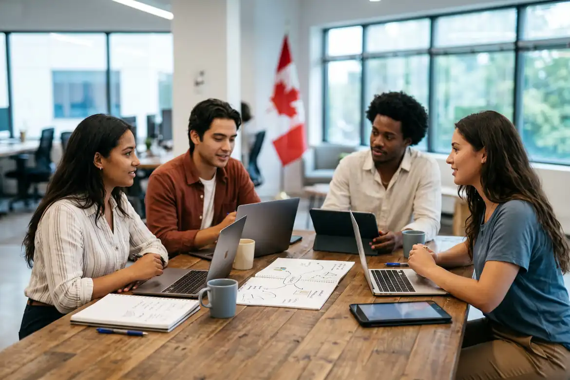 Professionals discussing career options and skills development in Canada.