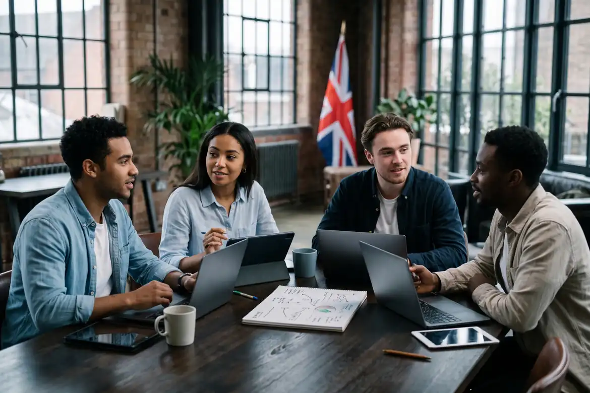 Professionals discussing career opportunities and workplace growth in UK.