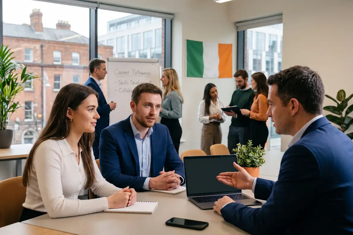 Career advisors discussing job pathways and opportunities in Ireland.