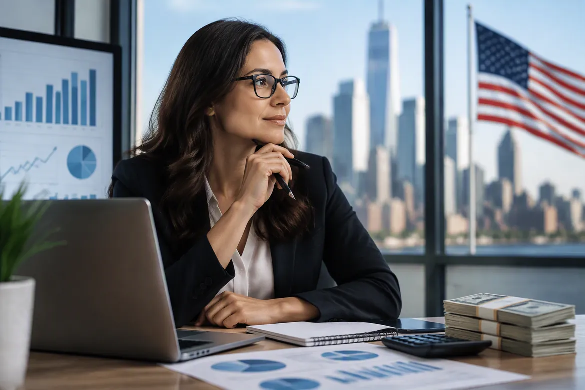 Business analyst reviewing salary data in modern US office