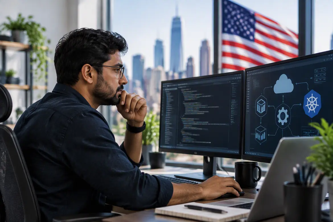 DevOps engineer managing cloud infrastructure and automation in US office