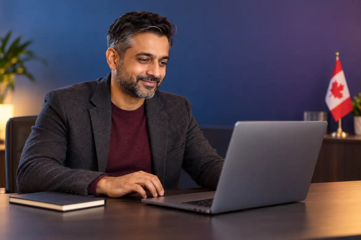 Person working on a laptop at a desk with a Canadian flag in the background