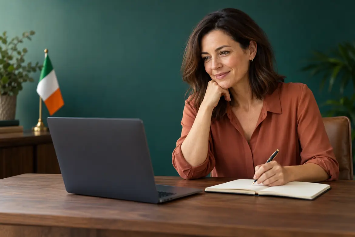 Person using Laptop and Notebook with Irish Flag Nearby