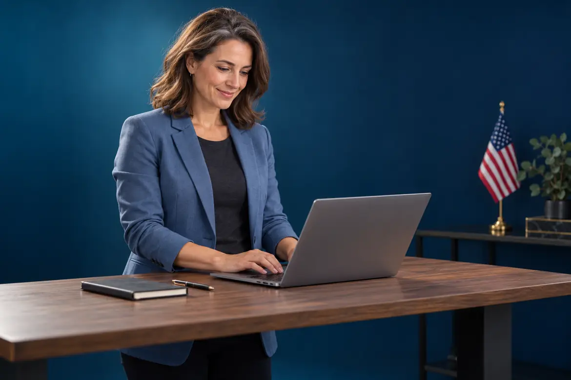 Person working on laptop with US flag, researching career opportunities
