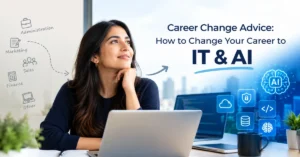 A professional woman using a laptop while exploring a career change to IT and AI, with visuals representing cloud computing, cybersecurity, coding, databases and artificial intelligence.