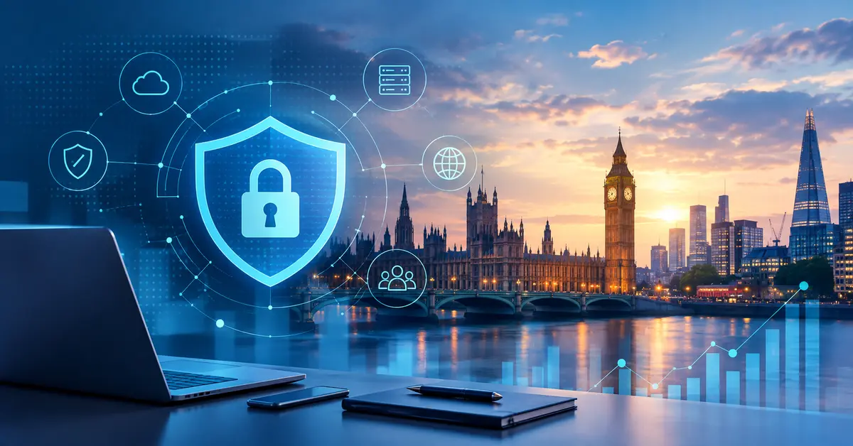 Digital illustration of the UK cybersecurity landscape featuring a large shield-and-padlock security icon over a London skyline at sunset, including Big Ben and modern office buildings. A laptop, smartphone, and notebook sit in the foreground, while cloud, database, network, and user-management icons surround the security graphic. The image represents cybersecurity careers, digital resilience, and technology sector growth in the United Kingdom.