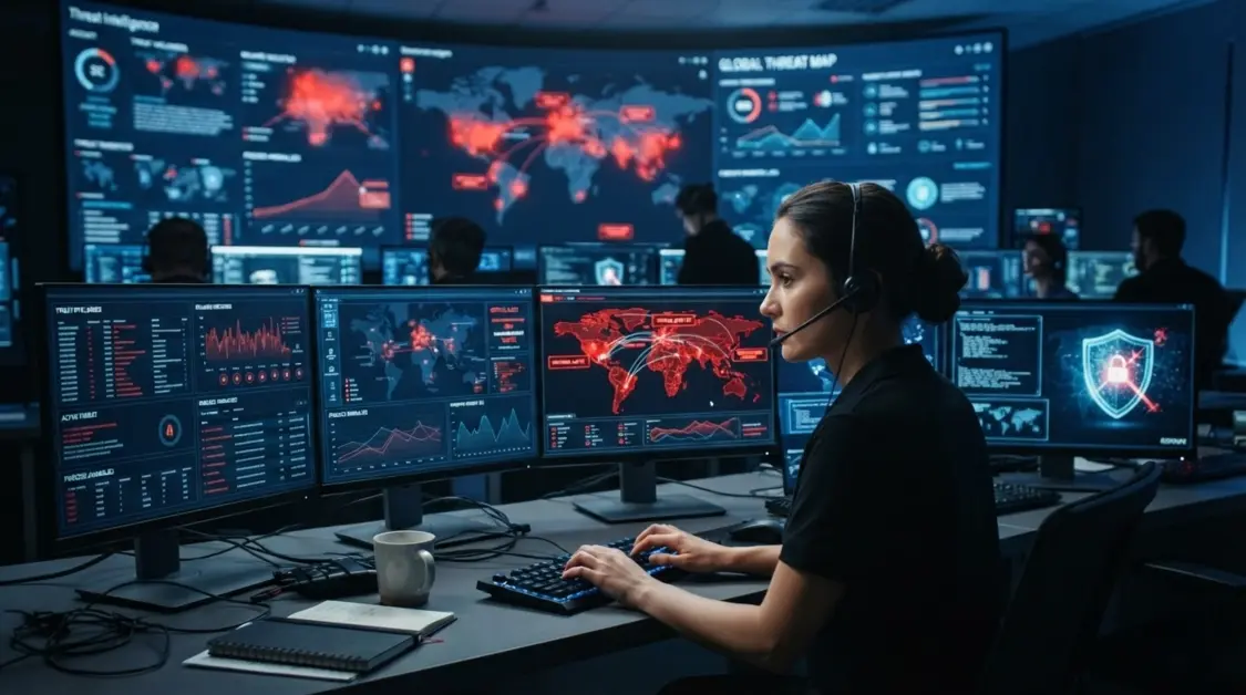 Cybersecurity analyst monitoring global cyber threats and security alerts across multiple screens in a security operations centre.