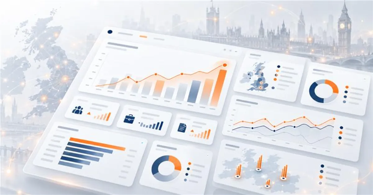 Digital dashboard displaying UK job market data, charts and analytics with London skyline in the background