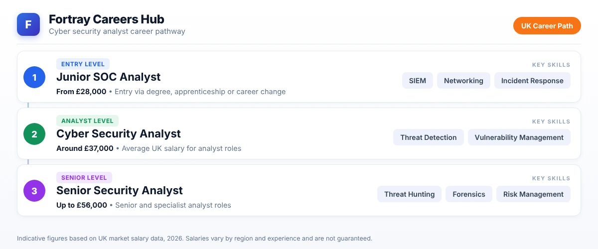 Fortray Careers Hub graphic showing a three-step cyber security analyst career pathway in the UK: Junior SOC Analyst from £28,000, Cyber Security Analyst at around £37,000, and Senior Security Analyst up to £56,000, each with key skills.
